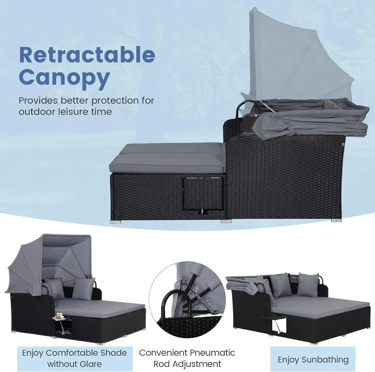 2026 Patio Outdoor Daybed with Canopy, Wicker Sunbed w/Cushions, 4 Pillows & 2 Retractable Side Trays, 2-Person Lounge Bed Conversation for Poolside Porch Garden, Rattan Outdoor Bed (Turquoise)
