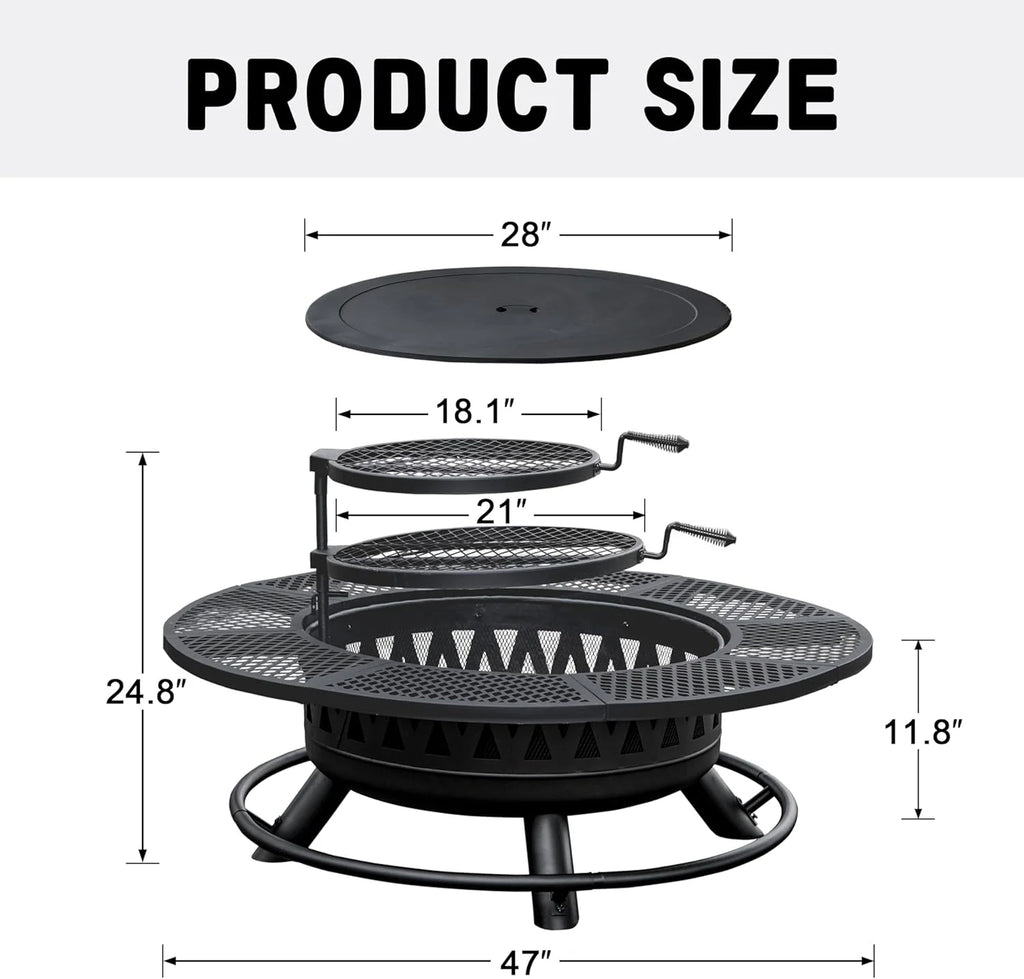 2026 47 Inch Fire Pit with 2 Grills, Outdoor Extra Large Firepits for Outside, Wood Burning Fireplace for Camping,Picnic,Bonfire, 3-in-1 Round Metal Table with Lid for Backyard,Patio,Party