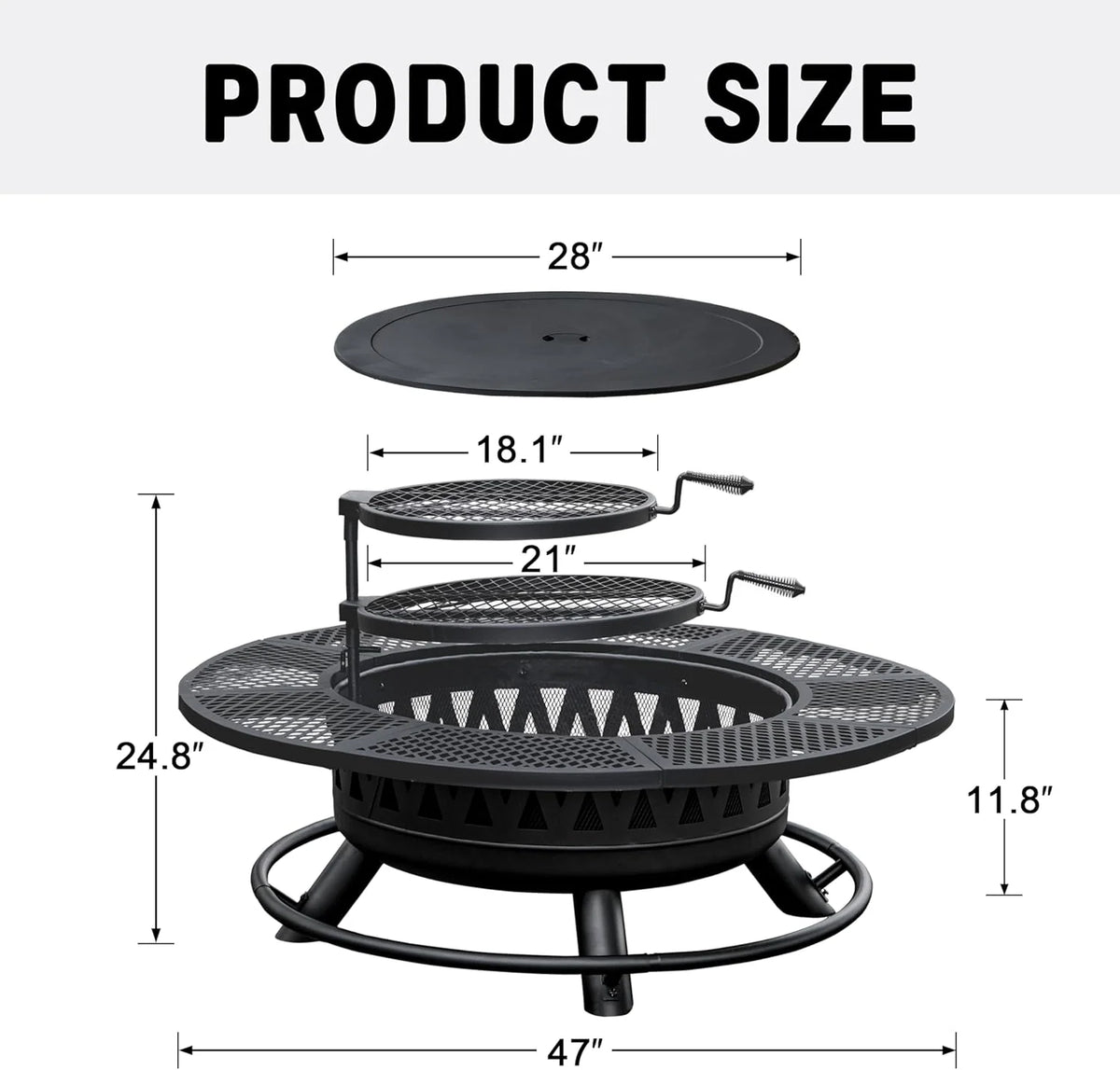 2026 47 Inch Fire Pit with 2 Grills, Outdoor Extra Large Firepits for Outside, Wood Burning Fireplace for Camping,Picnic,Bonfire, 3-in-1 Round Metal Table with Lid for Backyard,Patio,Party