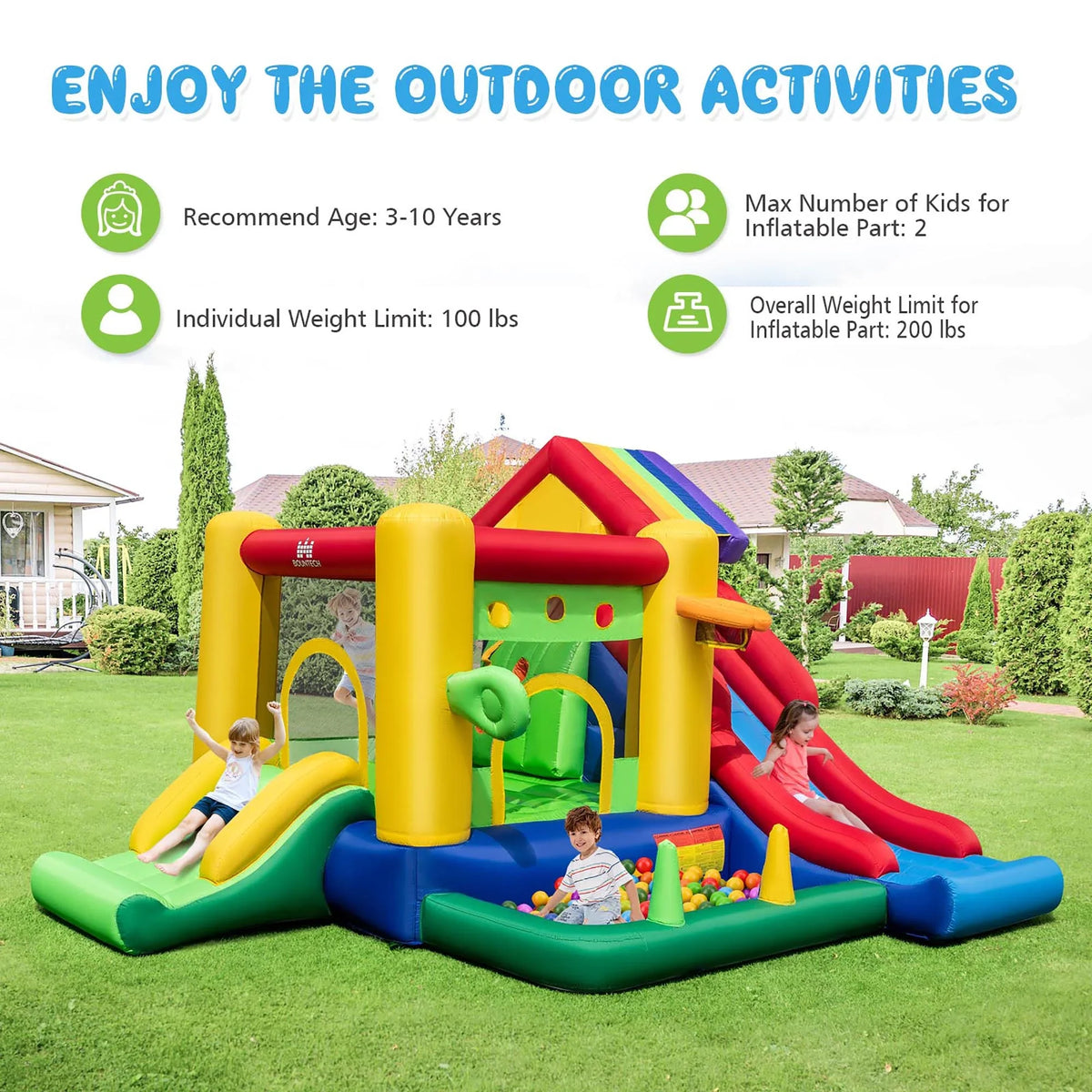 2026 NewCostway Colorful Rainbow Kids Inflatable Bounce Castle with 50 Ocean Balls & 735W Blower