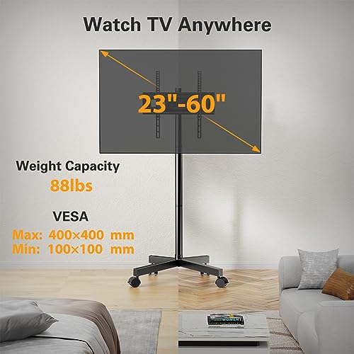 2026 Perlegear Rolling TV Stand for 23-60 Inch LCD LED OLED 4K Smart TVs Holds up to 88lbs, Mobile TV Stand with Height Adjustable, Tilting TV Cart with Locking Wheels Max VESA 400x400mm, PGTVMC16