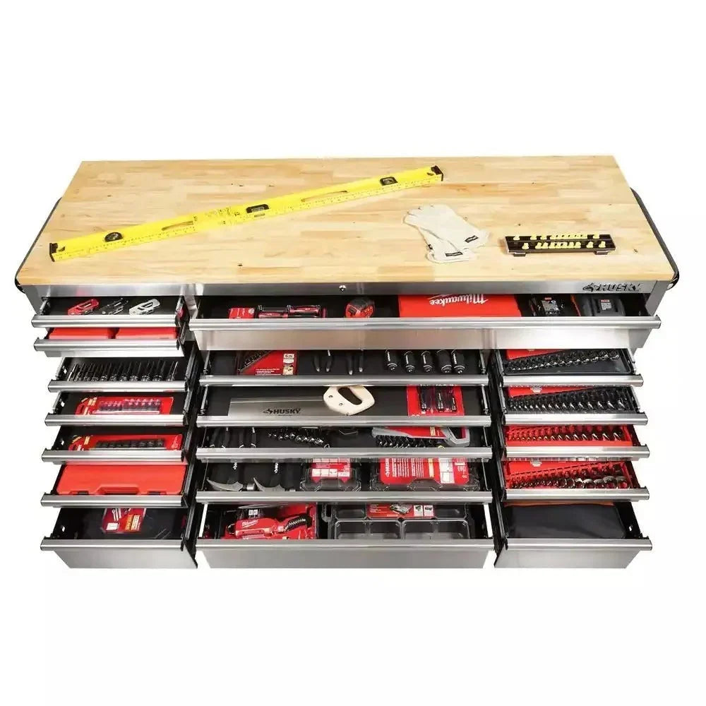 2026 New72 in. 18-Drawer 24 in. D Mobile Workbench with Solid Wood Top Stainless Steel