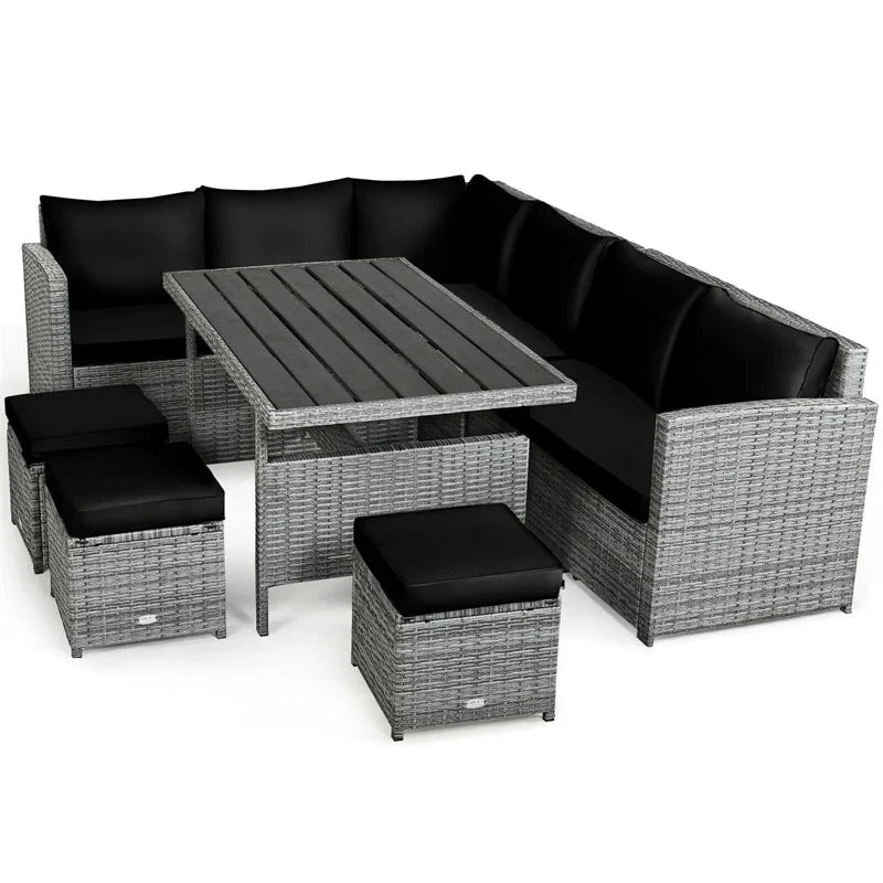 2026 7 PCS Resin Wicker Outdoor Sectional Sofa Set Rattan Patio Seating Group with Dining Table, Ottomans & Cushions