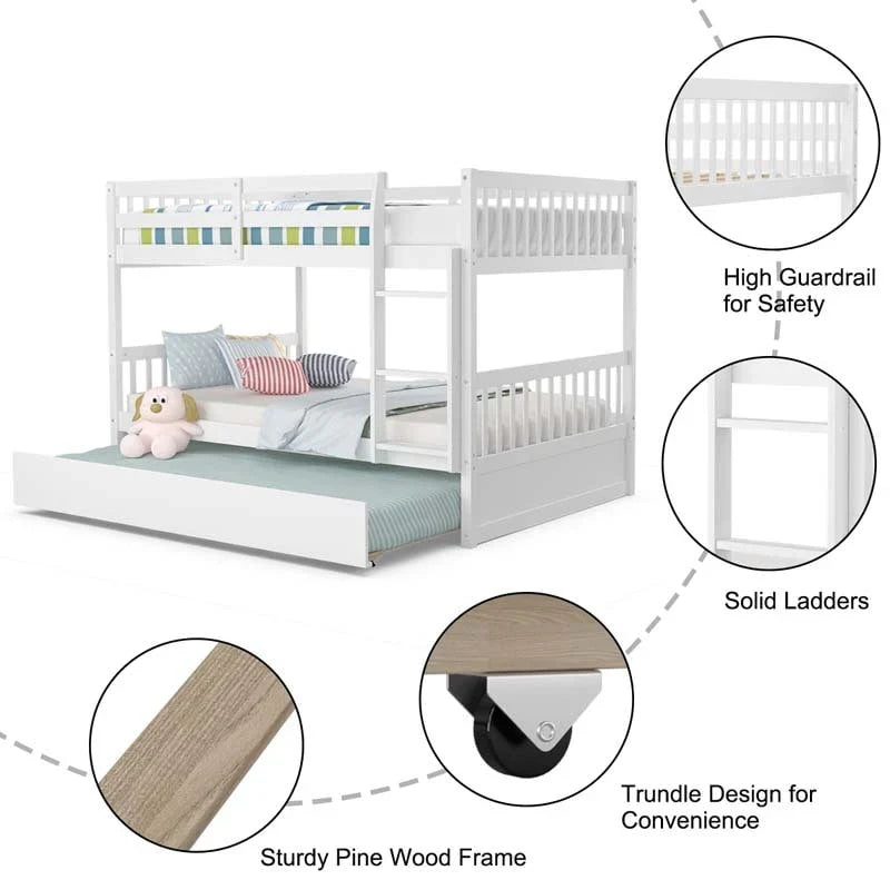 2026 Solid Wood Full Over Full Bunk Bed Frame with Trundle, Safety Ladder & Guardrails, Convertible Bunk Bed for Kids Teens