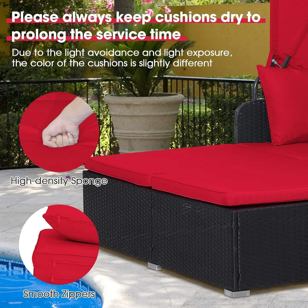 2026 Patio Outdoor Daybed with Canopy, Wicker Sunbed w/Cushions, 4 Pillows & 2 Retractable Side Trays, 2-Person Lounge Bed Conversation for Poolside Porch Garden, Rattan Outdoor Bed (Turquoise)