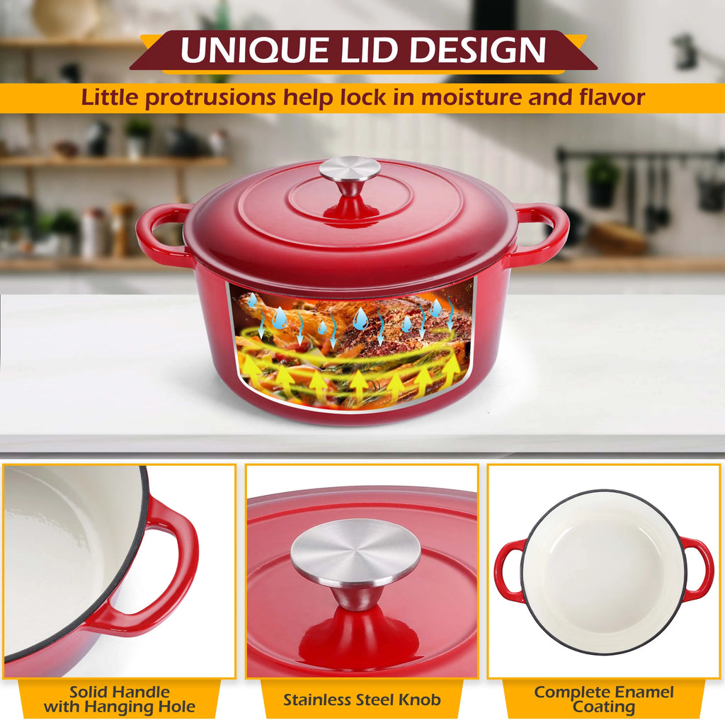 2026 Walchoice 6 Quart Enameled Cast Iron Dutch Oven with Lid, Nonstick Round Dutch Oven Pot with Dual Handles for Braising, Stews, - Red