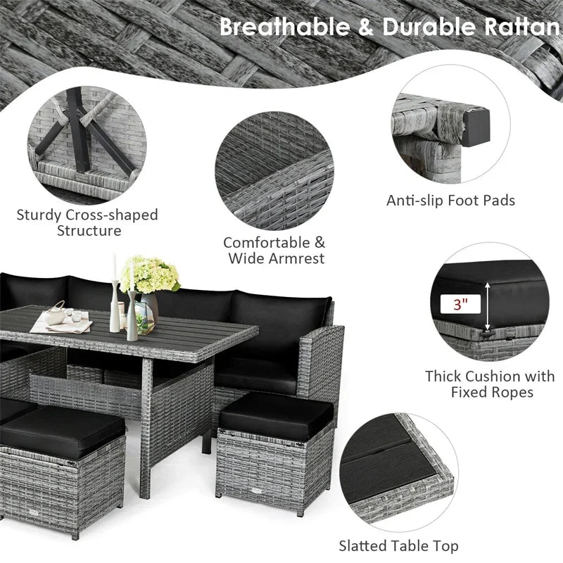 2026 7 PCS Resin Wicker Outdoor Sectional Sofa Set Rattan Patio Seating Group with Dining Table, Ottomans & Cushions