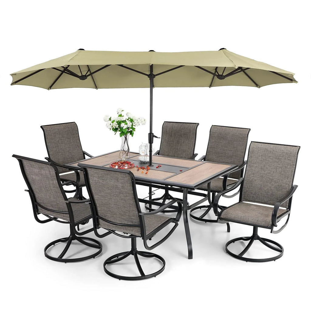 2026 New8-piece patio dining set with parasol, garden furniture set with 6 swivel dining chairs with mesh covers