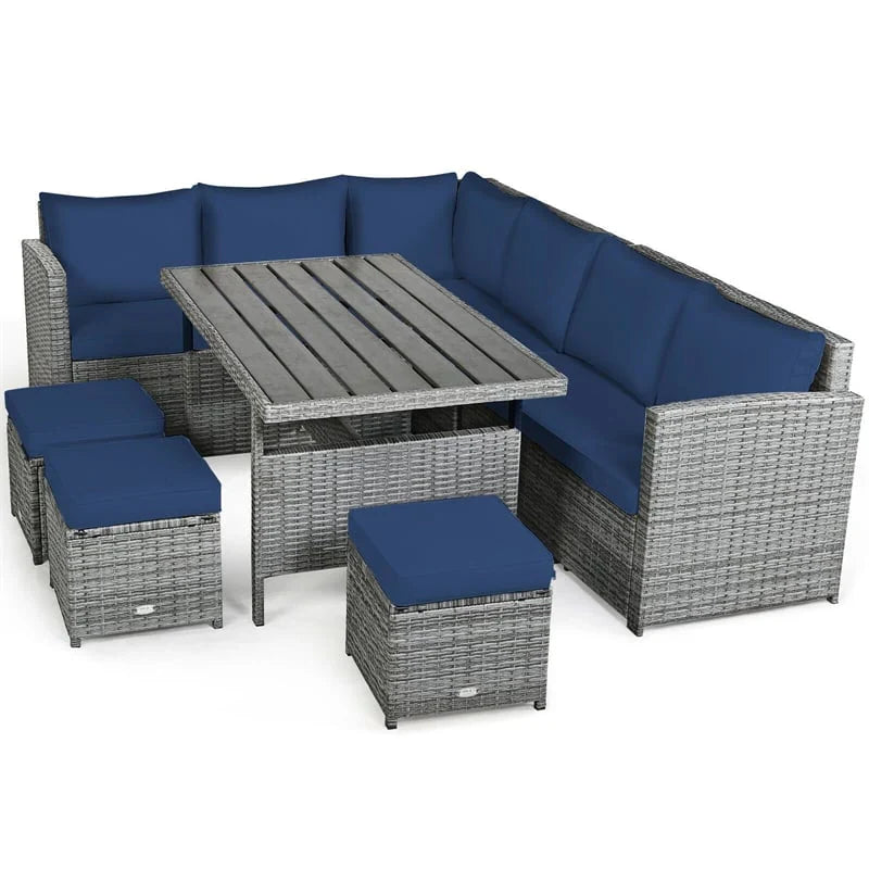 2026 7 PCS Resin Wicker Outdoor Sectional Sofa Set Rattan Patio Seating Group with Dining Table, Ottomans & Cushions