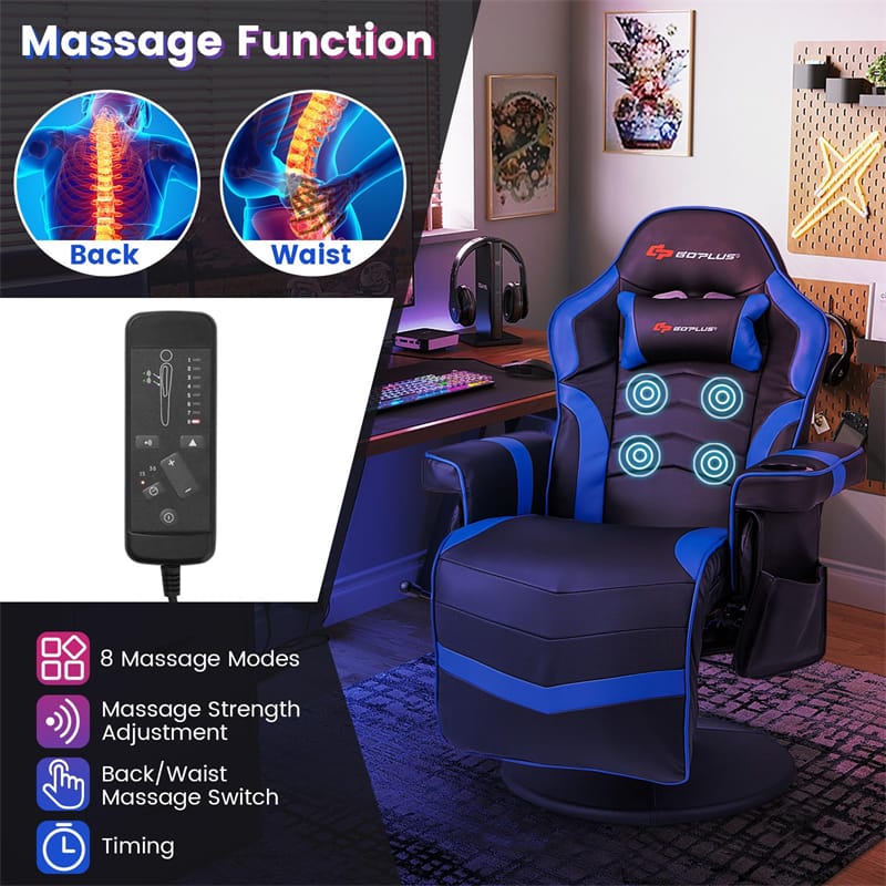 2026 Ergonomic Gaming Recliner Chair with Massage, Retractable Footrest & Cup Holder, Height Adjustable Racing Style Swivel Video Game Chair