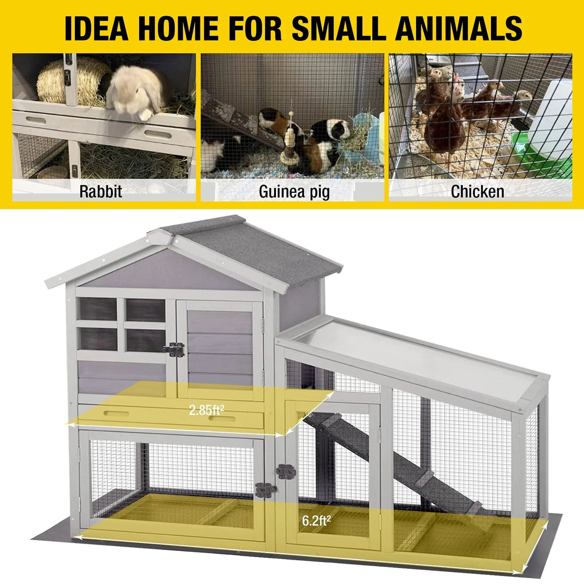 2026 NewAivituvin Rabbit Hutch Outdoor Indoor Bunny Cage with Pull Out Tray, Upgraded Chicken Coop with Removable Wire Mesh Bottom, Gray