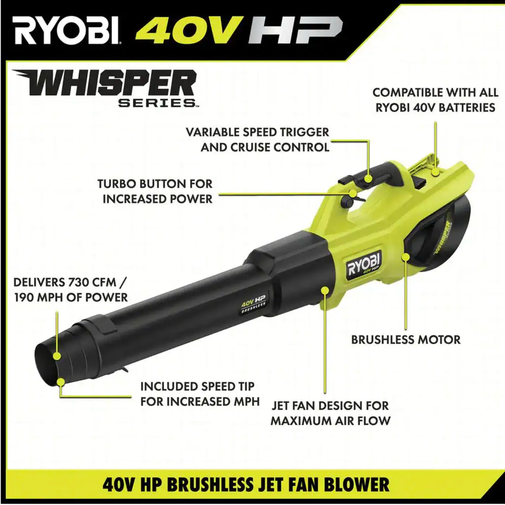 2026 40V Brushless Whisper Series 190 MPH 730 CFM Cordless Battery Jet Fan Leaf Blower with (2) 4.0 Ah Batteries and Charger