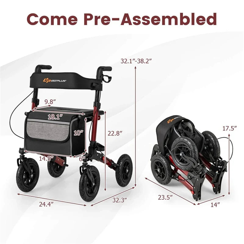 2026 2-in-1 Folding Rolling Rollator Walker with Seat, 9" All-Terrain Pneumatic Tires & Height Adjustment, Aluminum Mobility Walking Aid for Seniors