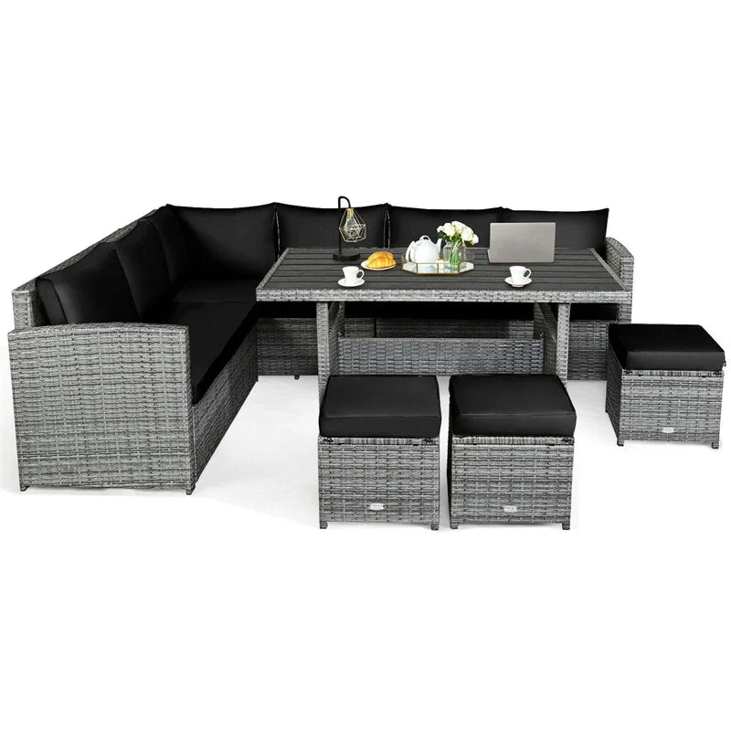 2026 7 PCS Resin Wicker Outdoor Sectional Sofa Set Rattan Patio Seating Group with Dining Table, Ottomans & Cushions