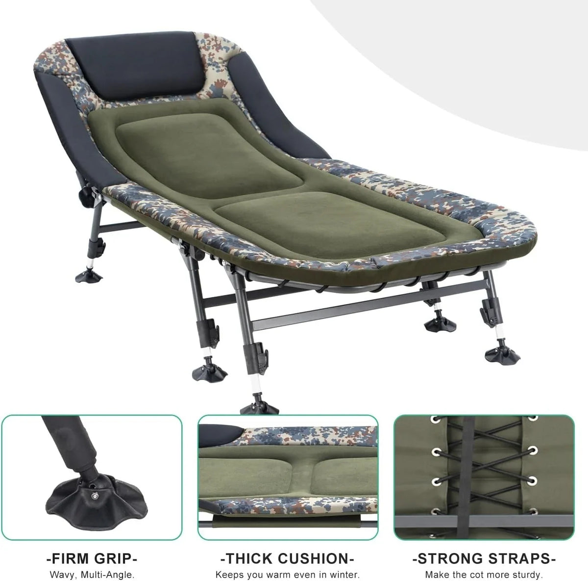 2026 NewCamping Cots for Adults 330Lbs with Carry Bag, Heavy Duty Folding Bed with Soft Padded Cushion, Portable Military Cot for Hunting, 180° Adjustable Reclining Outdoor Lounger