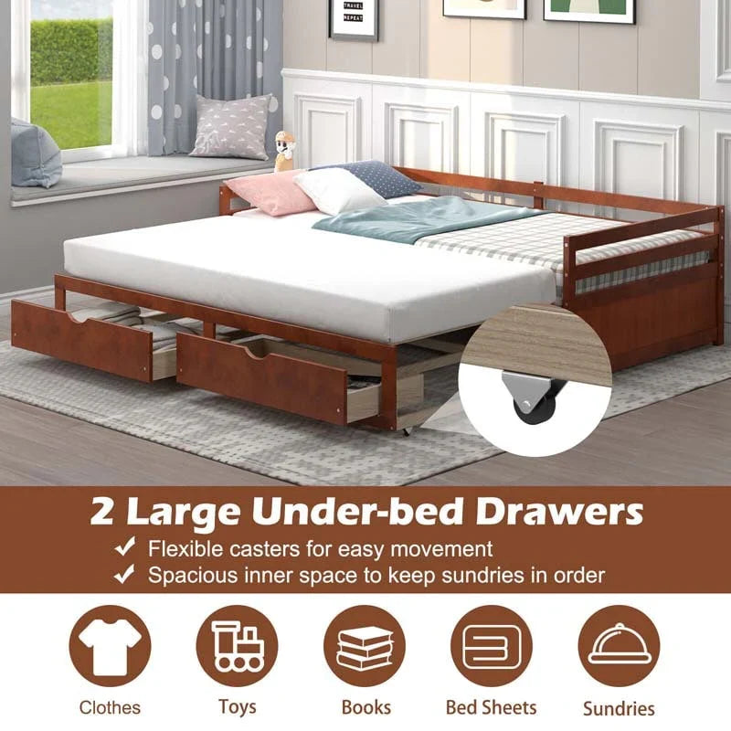 2026 Extendable Twin to King Daybed with Trundle & 2 Storage Drawers, Dual-use Modern Sofa Bed with Roll Out Bed Frame