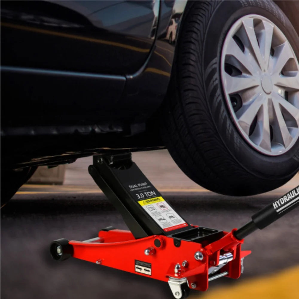 2026 3t Low Profile Jack, Red and Black, Ultra Low Floor Jack with Dual Pistons Quick Lift Pump, Car Jack Hydraulic AutoLifts for Home Garage Black+Red + Steel + 3T Dual pump + Lifting range 3.3"-19.7"