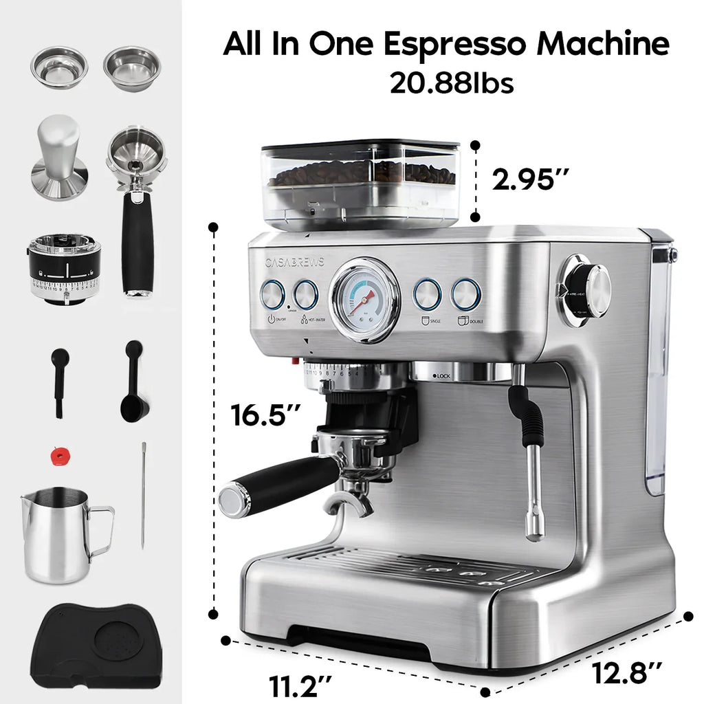 2026 Casabrews 20 Bar Espresso Machine with Milk Frother Steam Wand, Cappuccino Machine with Grinder, Silver