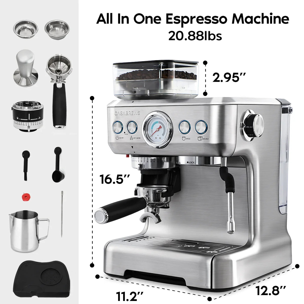 2026 Casabrews 20 Bar Espresso Machine with Milk Frother Steam Wand, Cappuccino Machine with Grinder, Silver