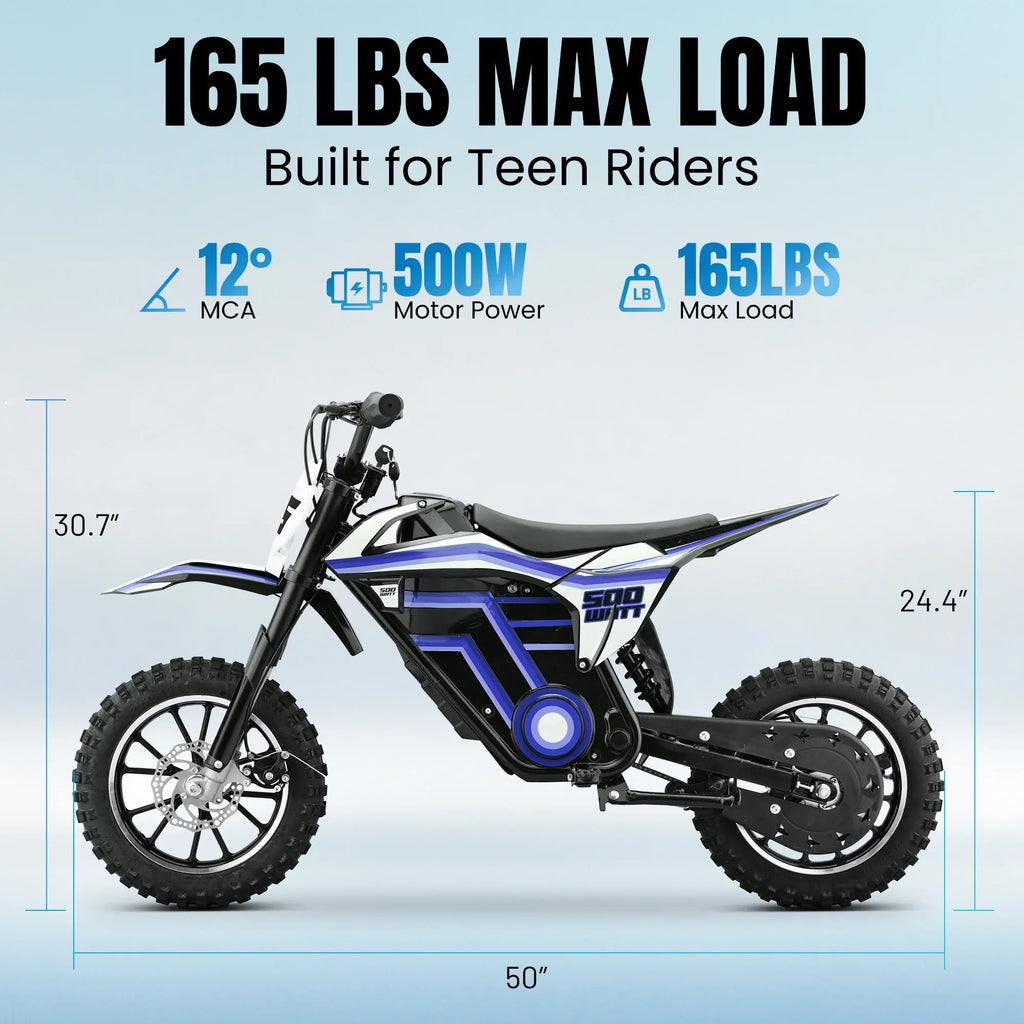 2026 NewQEASET electric dirt bike, 500W kids dirt bike for Boys Girls Age 8-14, Blue