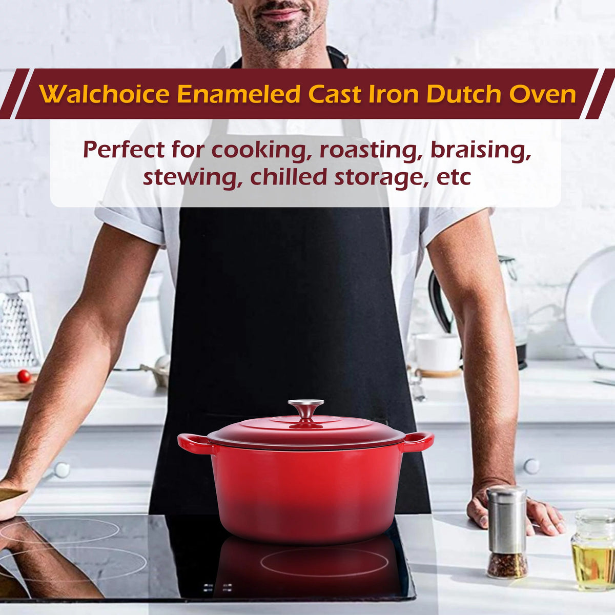 2026 Walchoice 6 Quart Enameled Cast Iron Dutch Oven with Lid, Nonstick Round Dutch Oven Pot with Dual Handles for Braising, Stews, - Red