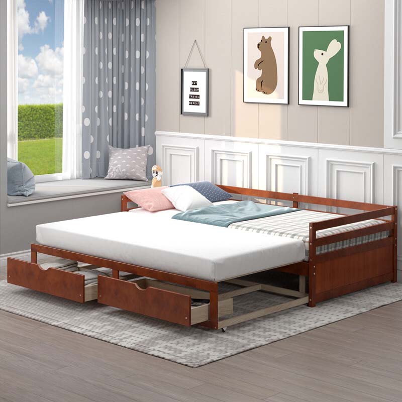 2026 Extendable Twin to King Daybed with Trundle & 2 Storage Drawers, Dual-use Modern Sofa Bed with Roll Out Bed Frame