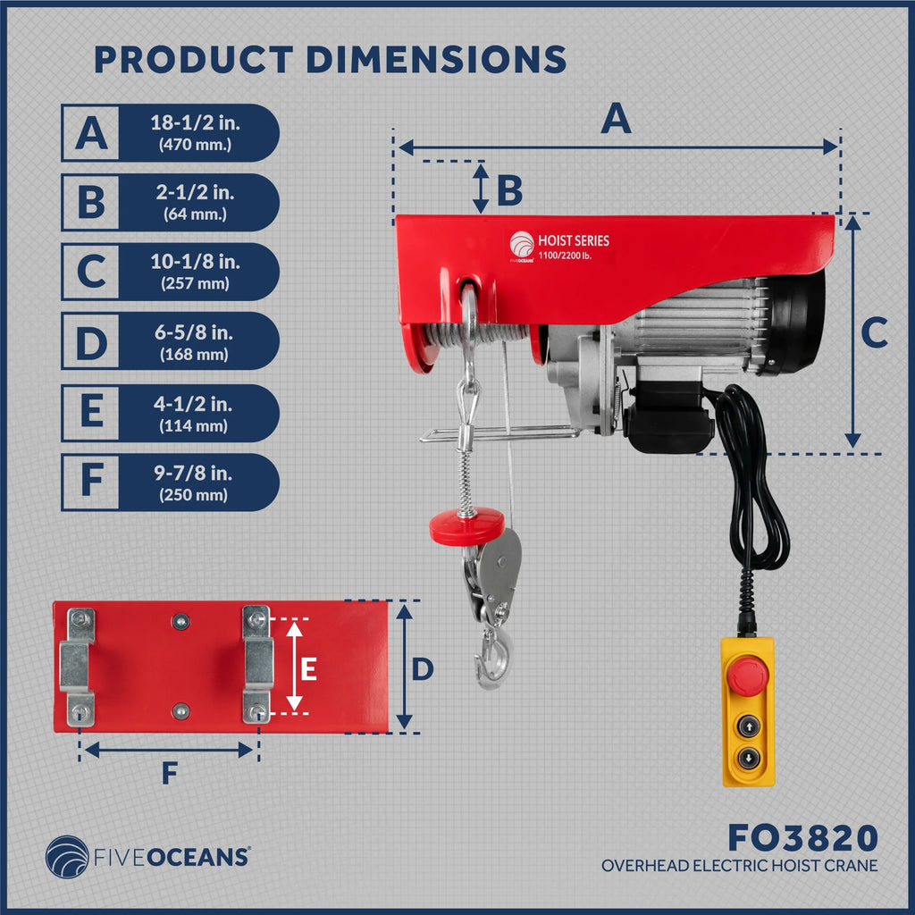 2026 Five Oceans Electric Hoist, Hoist Pulley System, Pulley Hoist, 2200 Lb Electric Winch with 6FT Remote Control 120 Volts, for Garage, Factory Lifting with Emergency Stop Button - FO3820