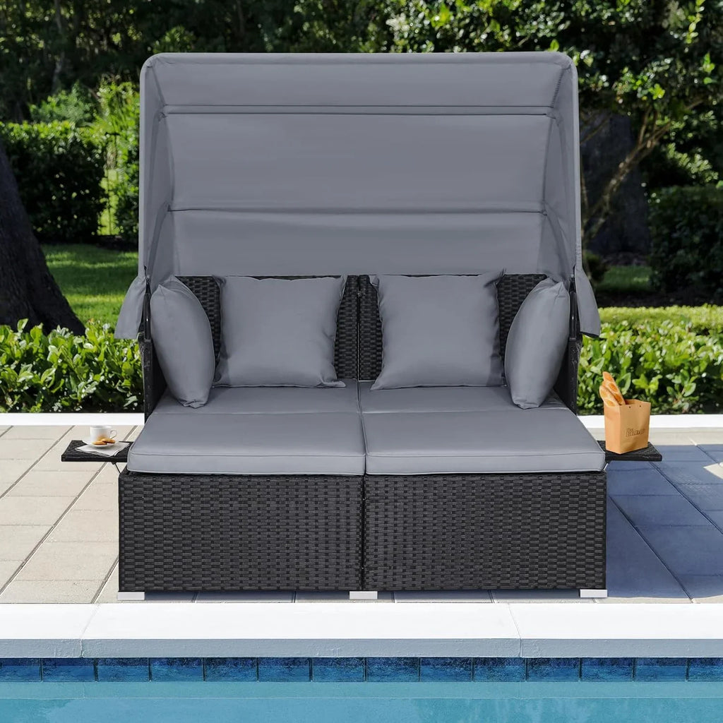 2026 Patio Outdoor Daybed with Canopy, Wicker Sunbed w/Cushions, 4 Pillows & 2 Retractable Side Trays, 2-Person Lounge Bed Conversation for Poolside Porch Garden, Rattan Outdoor Bed (Turquoise)