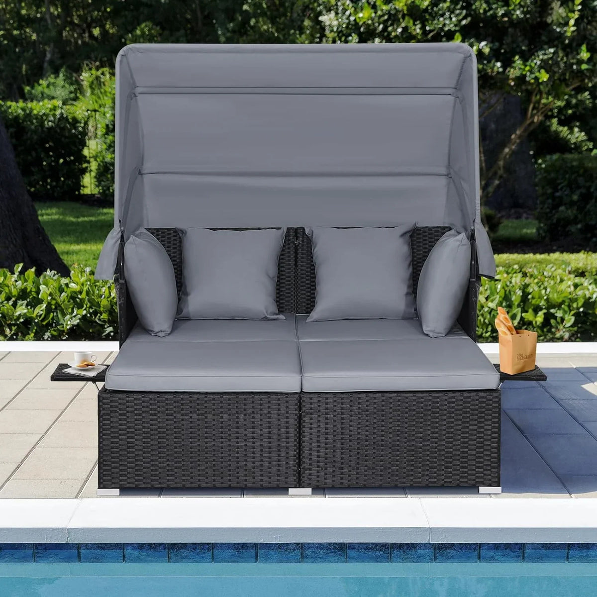 2026 Patio Outdoor Daybed with Canopy, Wicker Sunbed w/Cushions, 4 Pillows & 2 Retractable Side Trays, 2-Person Lounge Bed Conversation for Poolside Porch Garden, Rattan Outdoor Bed (Turquoise)