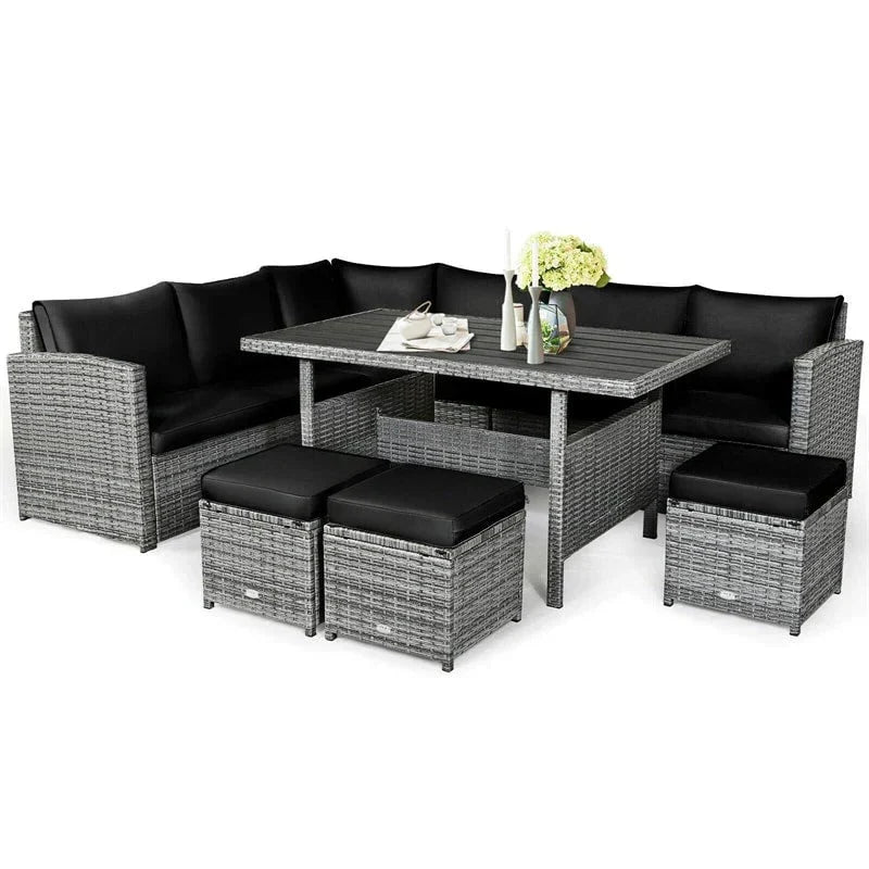 2026 New7 Pcs Rattan Patio Dining Furniture Sectional Sofa Set with Dining Table, Ottomans & Cushions