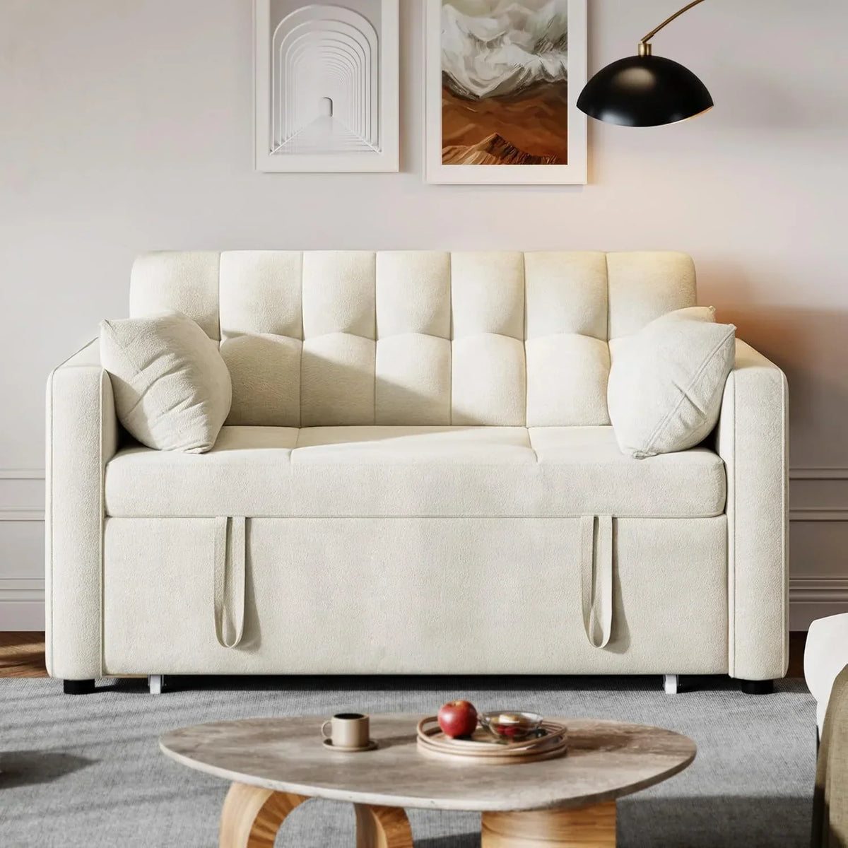 2026 3-in-1 Convertible Sofa Bed, 55" Sleeper Sofa with Pull-Out Bed, Cat-Scratch-Proof Fabric Futon Couch with Adjustable Backrest and Side Pocket, Loveseat for Living Room Apartment, Grey