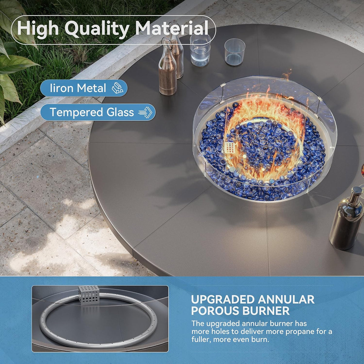 2026 48" Round Propane Fire Pit Table,55000 BTU Auto-Ignitiongas Gas Fire Table with Fire Glass and Lid,Waterproof Cover and Pumice Stone for Patio,Balcony,Garden
