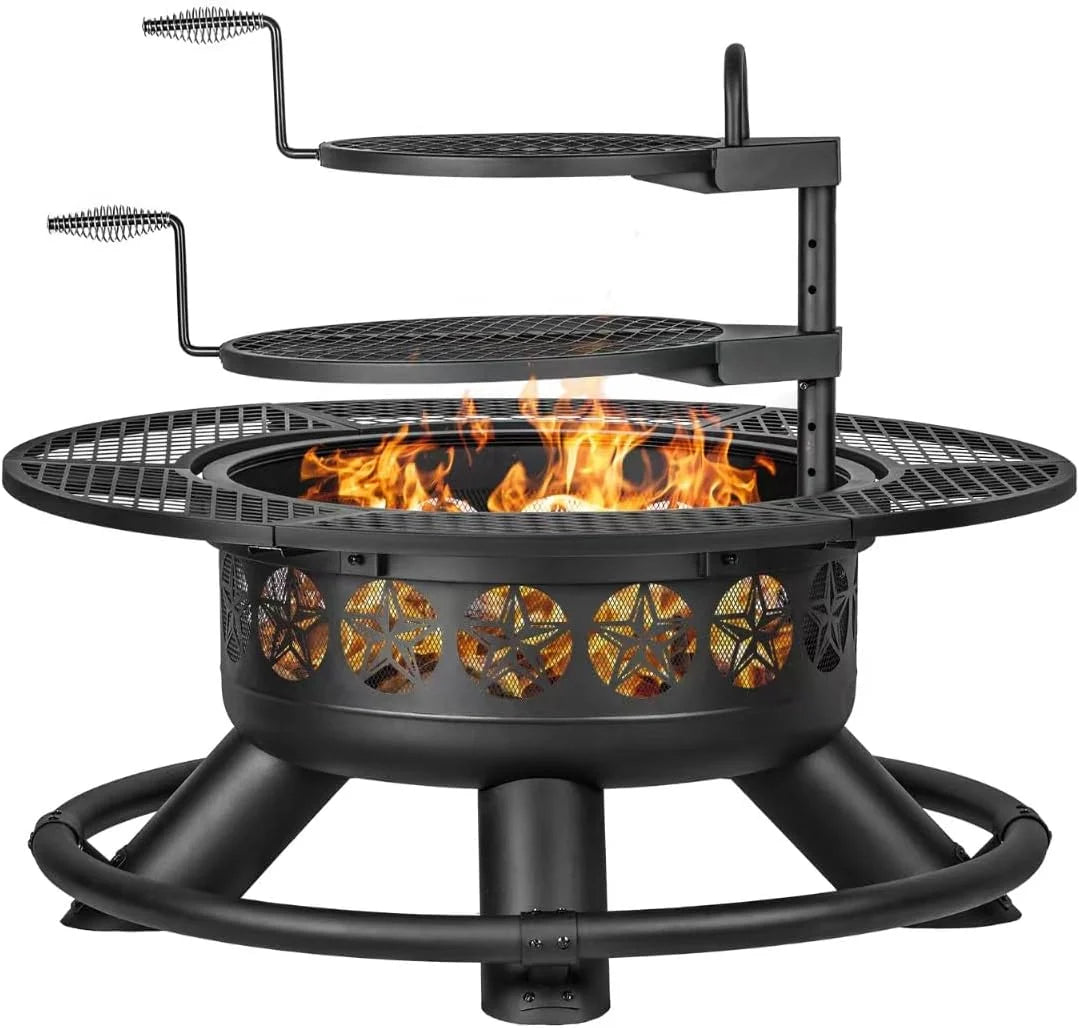 2026 47 Inch Outdoor Fire Pit with 2 Grills Extra Large BBQ Firepits for Outside Metal Round Fire pits with Lid&Fire Poker 3 in 1 Wood Burning Outdoor Fireplaces for Backyard Patio Bonfire