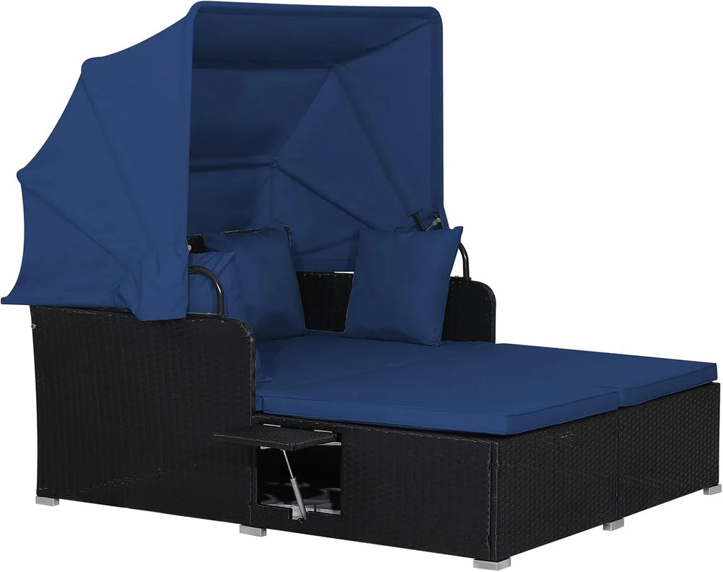 2026 Patio Outdoor Daybed with Canopy, Wicker Sunbed w/Cushions, 4 Pillows & 2 Retractable Side Trays, 2-Person Lounge Bed Conversation for Poolside Porch Garden, Rattan Outdoor Bed (Turquoise)