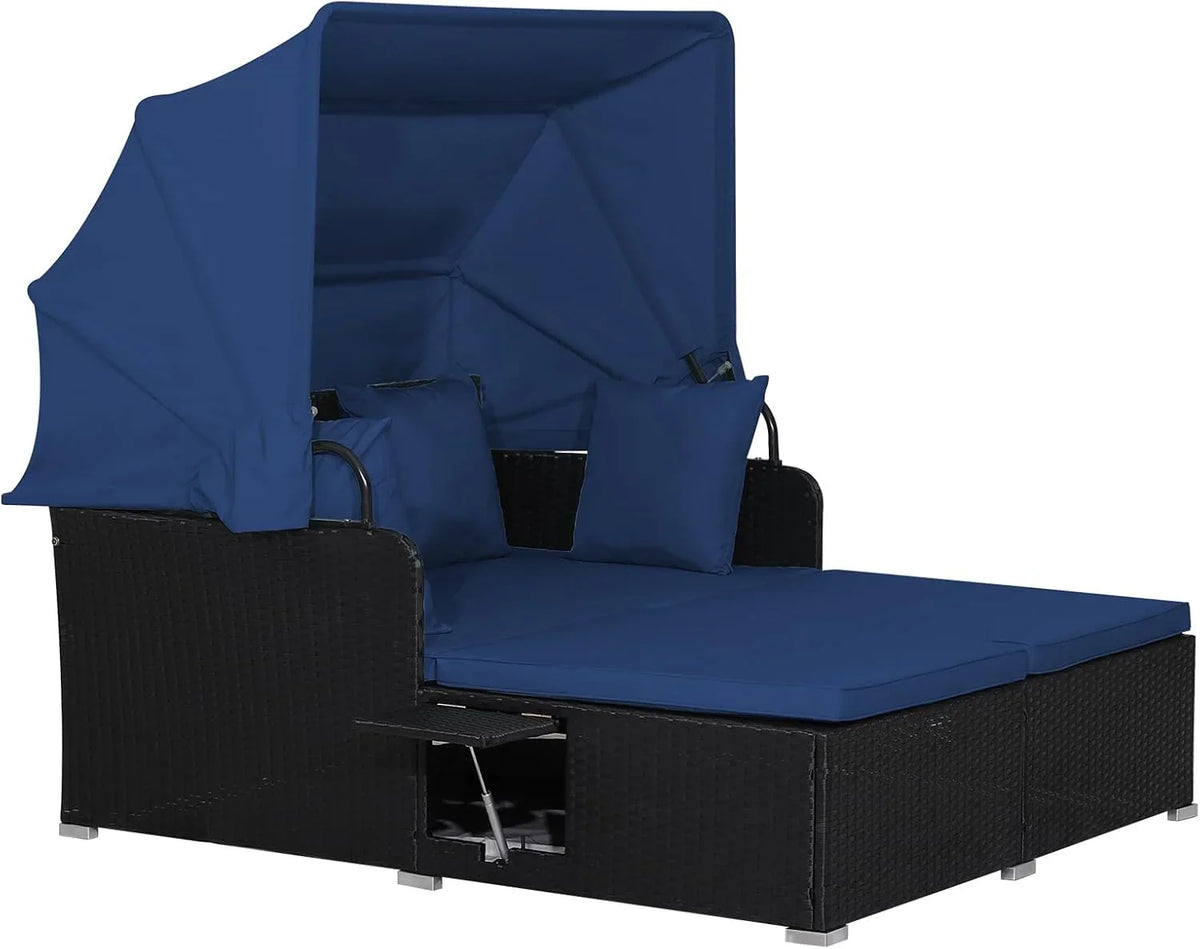 2026 Patio Outdoor Daybed with Canopy, Wicker Sunbed w/Cushions, 4 Pillows & 2 Retractable Side Trays, 2-Person Lounge Bed Conversation for Poolside Porch Garden, Rattan Outdoor Bed (Turquoise)