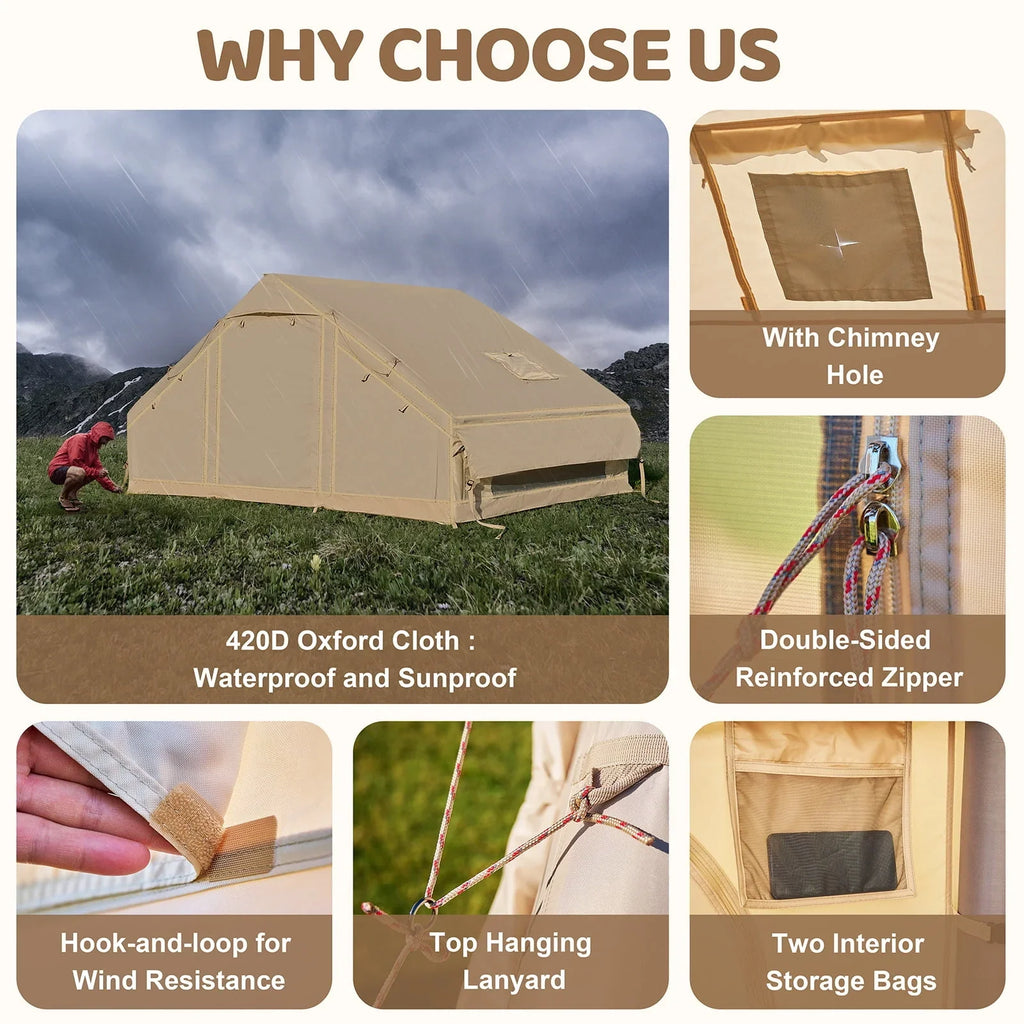 2026 6 Person Inflatable Camping Tent with Pump, 10ft x7ft Glamping Family Tent Easy Setup 4 Season Waterproof Windproof Outdoor Blow Up Tent Luxury Oxford Cabin with Mesh Windows & Doors