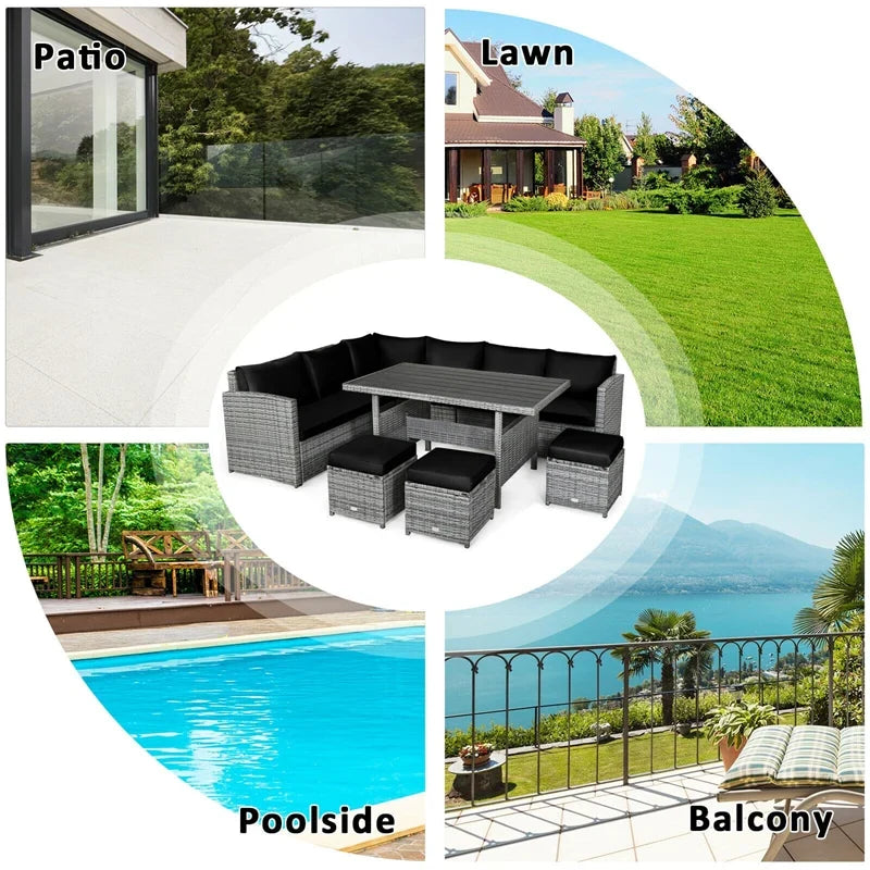 2026 7 PCS Resin Wicker Outdoor Sectional Sofa Set Rattan Patio Seating Group with Dining Table, Ottomans & Cushions