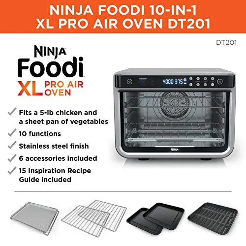 2026 DT201 Foodi 10-in-1 XL Pro Air Fry Digital Countertop Convection Toaster Oven with Dehydrate and Reheat, 1800 Watts, Stainless Steel Finish, Silver