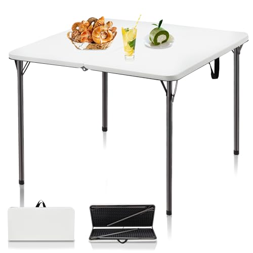 2026 34" Folding Table, Portable Square Folding Card Table with Collapsible Legs & Carrying Handle, Plastic Tables for Camping,Picnic, Office, Party, White