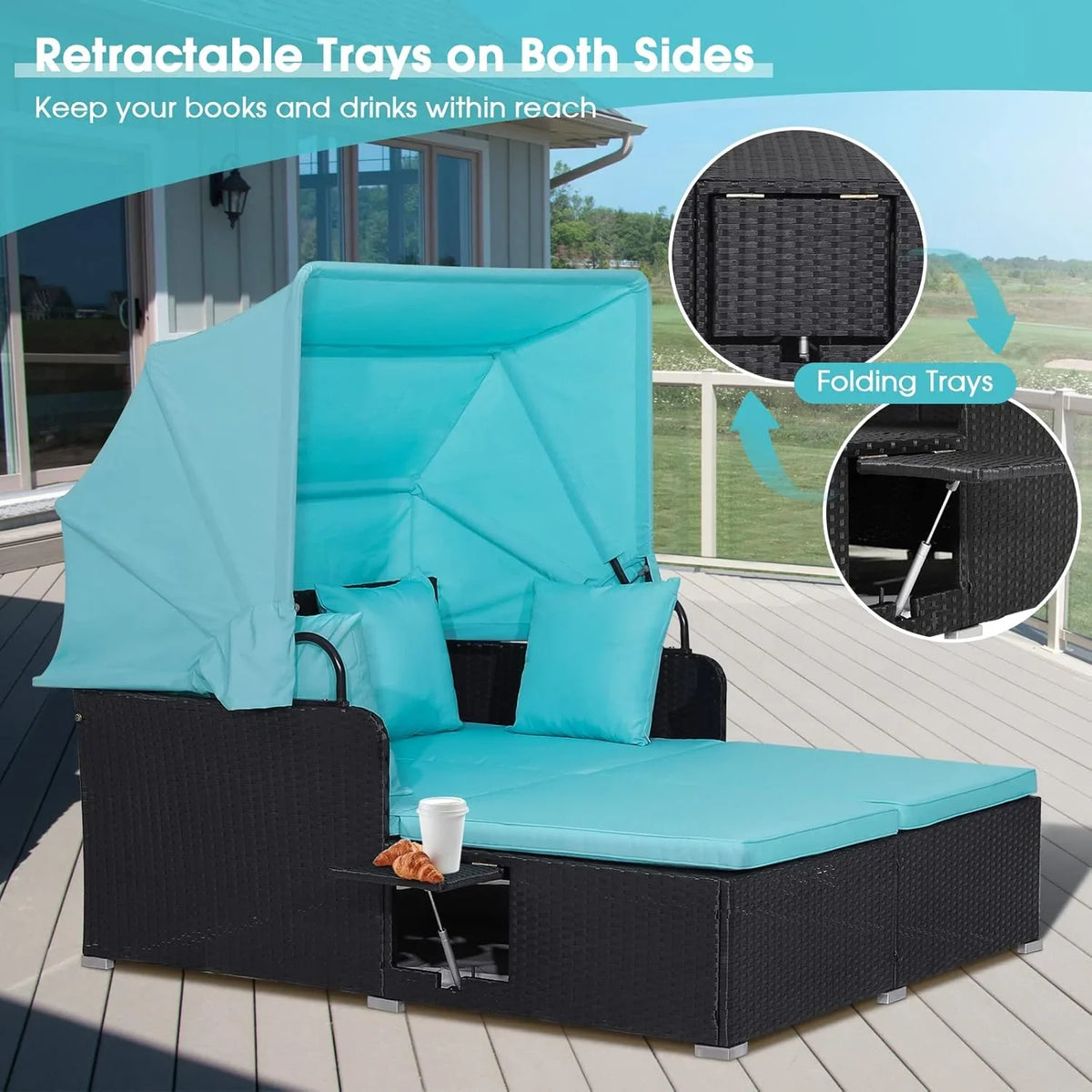 2026 Patio Outdoor Daybed with Canopy, Wicker Sunbed w/Cushions, 4 Pillows & 2 Retractable Side Trays, 2-Person Lounge Bed Conversation for Poolside Porch Garden, Rattan Outdoor Bed (Turquoise)