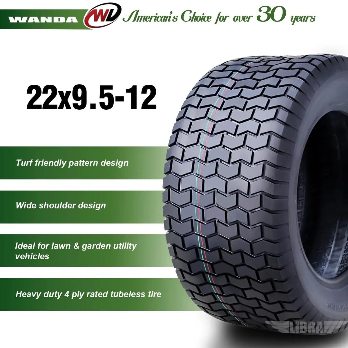 2026 NewWANDA 22X9.5-12 Lawn Mower Tractor Cart Turf Tire 4 Ply 22x9.5x12-13135