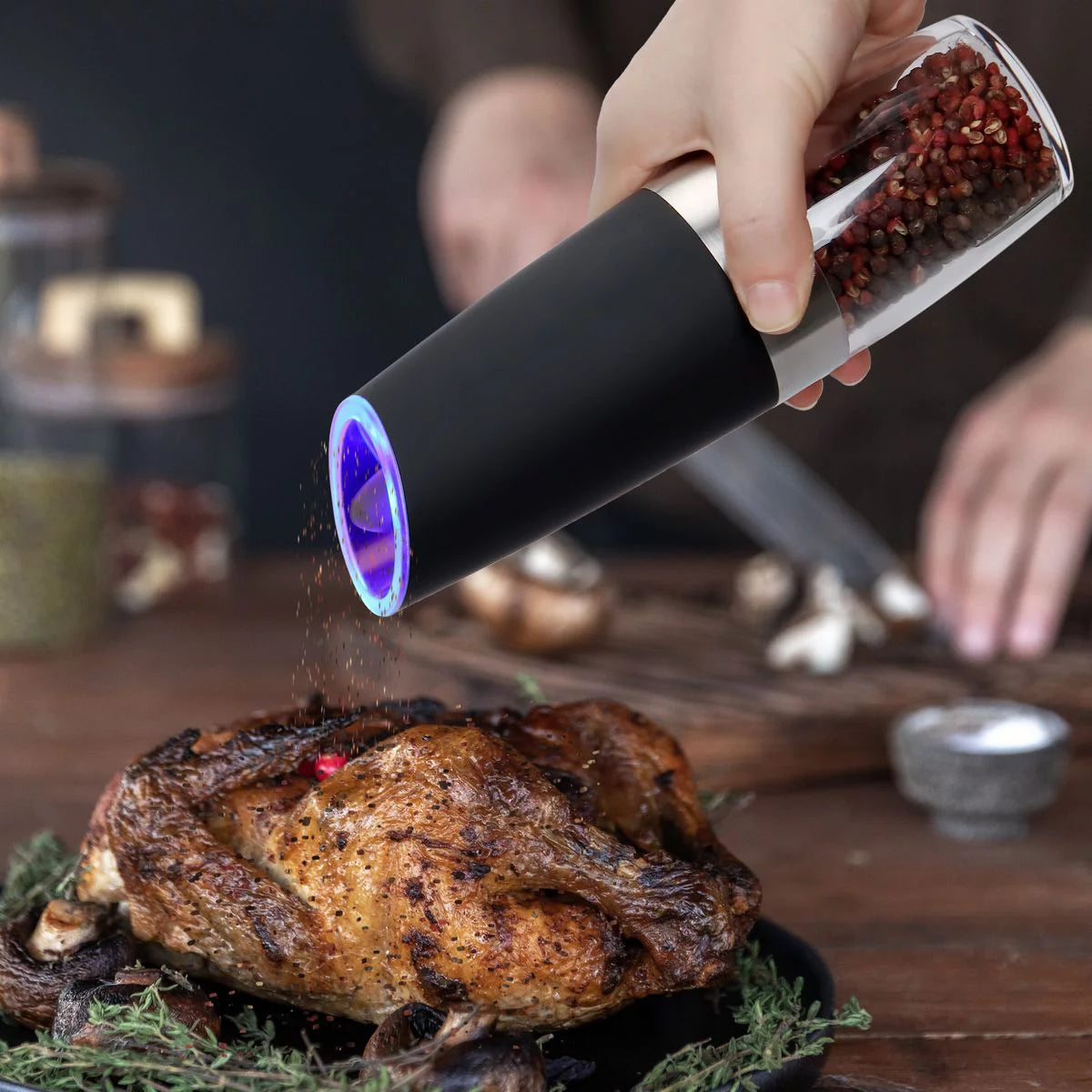 2026 Deago 2 Pack Electric Gravity Salt and Pepper Grinder Set with Adjustable Coarseness Automatic Pepper and Salt Mill Grinder Battery Powered with LED Light
