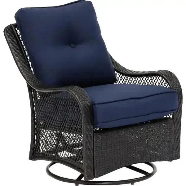2026 Orleans 5-Piece Steel Patio Fire Pit Conversation Set with Navy Blue Cushions, Swivel Gliders and Square Fire Pit Table