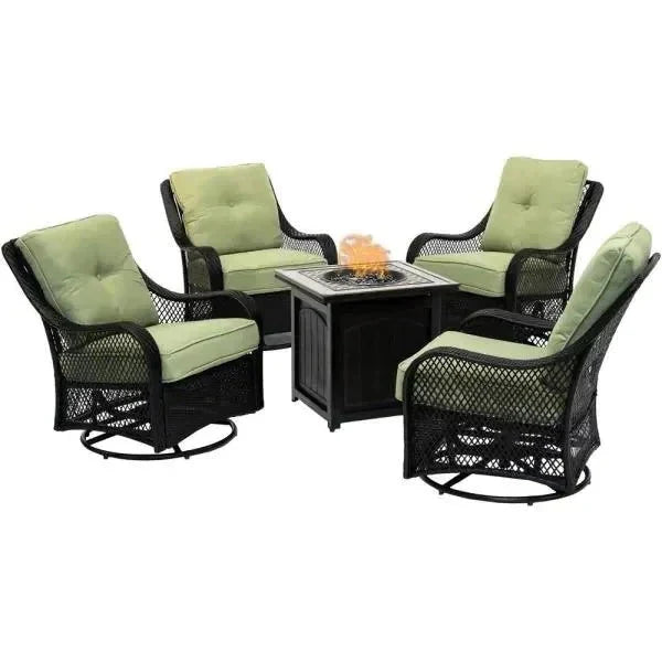 2026 New2025 5-piece steel patio fire pit seating set with navy blue cushions, swivel gliders and square fire pit table