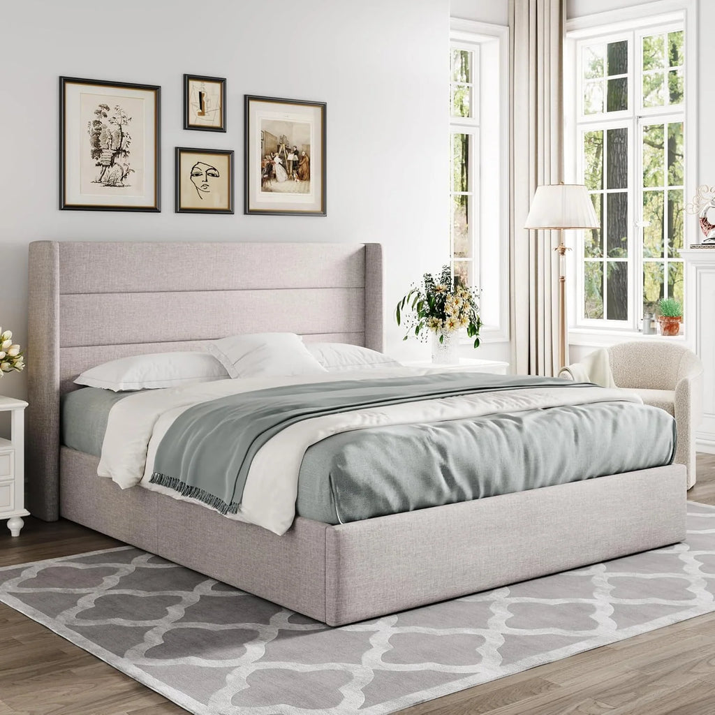 2026 Queen Size Lift Up Storage Bed, Modern Wingback Headboard, Hydraulic Support, No Box Spring Needed, Light Beige