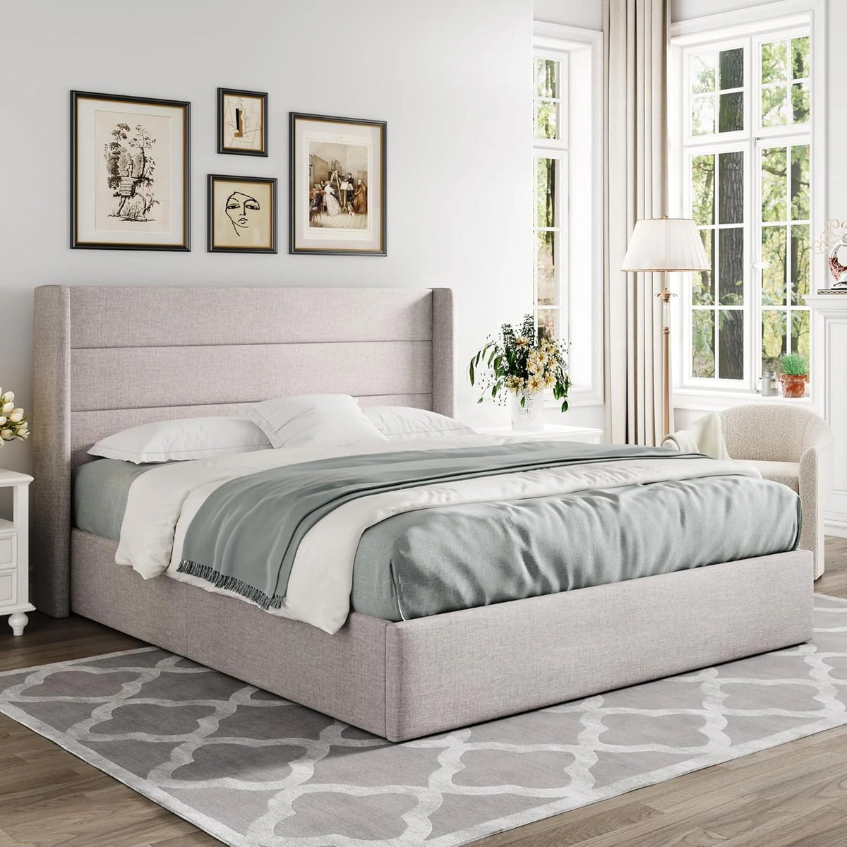 2026 Queen Size Lift Up Storage Bed, Modern Wingback Headboard, Hydraulic Support, No Box Spring Needed, Light Beige