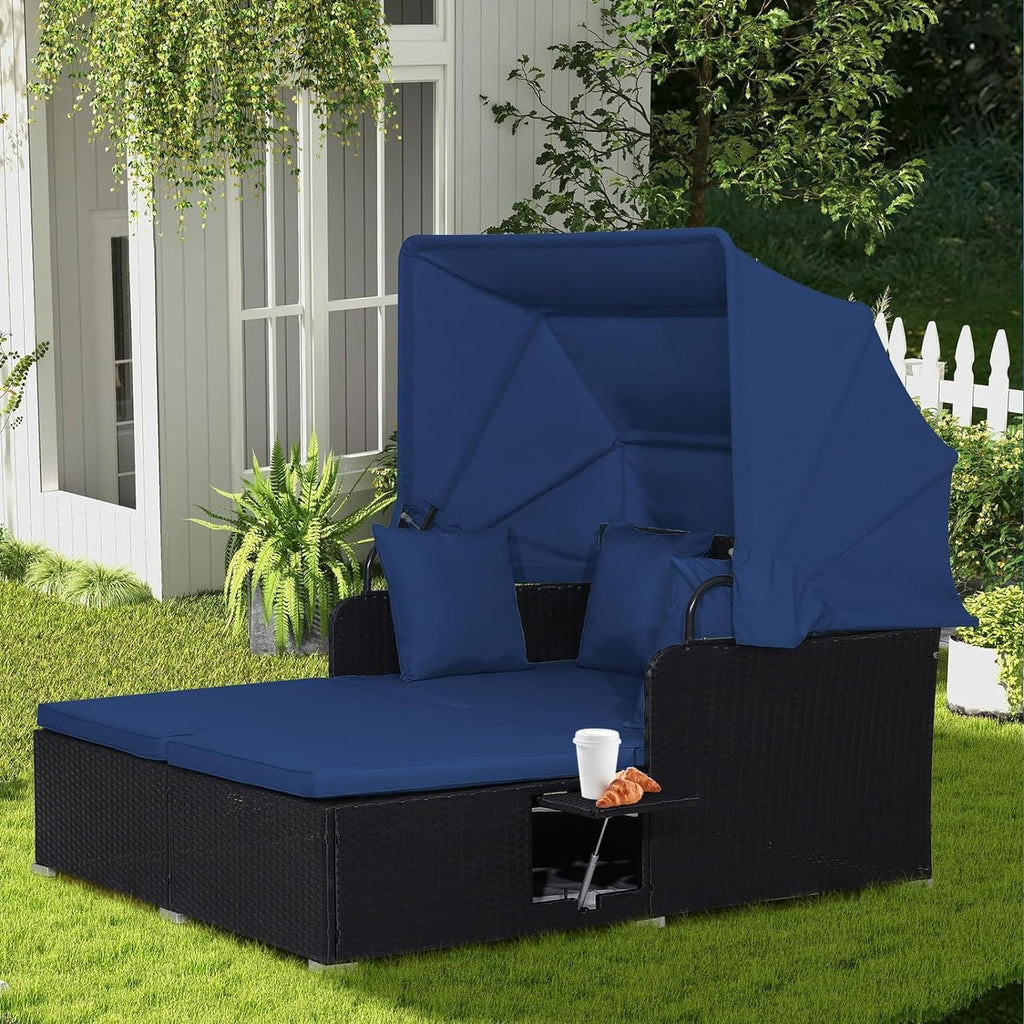 2026 Patio Outdoor Daybed with Canopy, Wicker Sunbed w/Cushions, 4 Pillows & 2 Retractable Side Trays, 2-Person Lounge Bed Conversation for Poolside Porch Garden, Rattan Outdoor Bed (Turquoise)