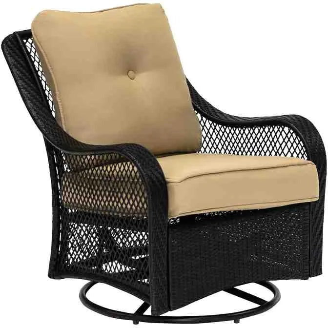 2026 New2025 5-piece steel patio fire pit seating set with navy blue cushions, swivel gliders and square fire pit table