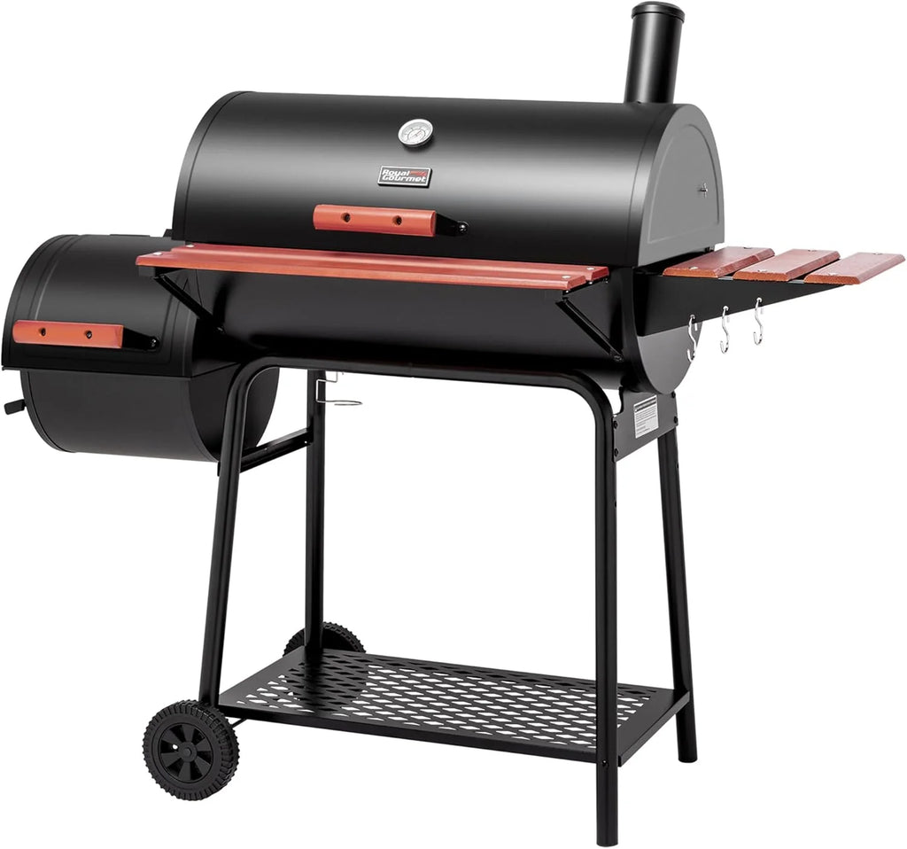 2026 CC1830W 30-Inch Charcoal Grill with Offset Smoker and Wood-Painted Side Table Outdoor Smoker Grill with 811 Sq. In. Cooking Area for Outdoor Barbecue Event Black