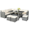 2026 7 PCS Resin Wicker Outdoor Sectional Sofa Set Rattan Patio Seating Group with Dining Table, Ottomans & Cushions
